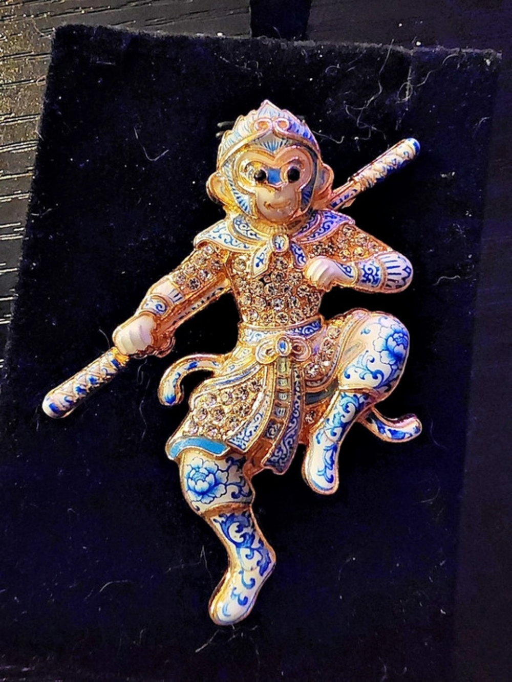 Enamel Monkey Brooch in Gold & Blue